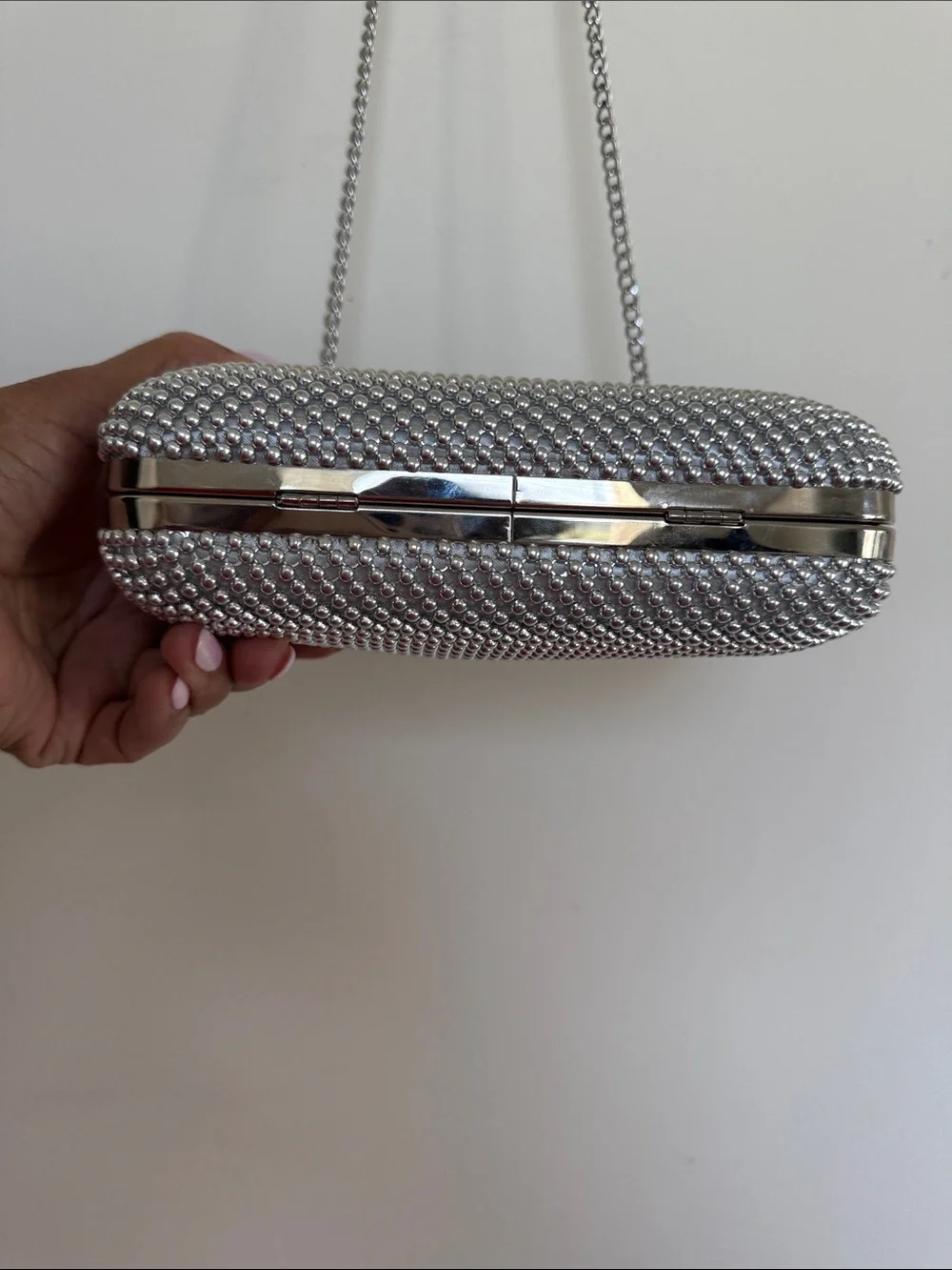 Olga Berg Silver Rhinestone Mesh Evening Clutch with Chain